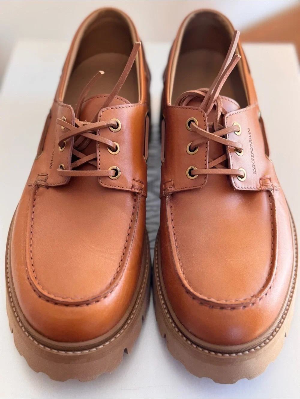 Emporio Armani Lug Sole Leather Boat Shoes Biscotto Tan Men's US 9 / UK 8 NIB